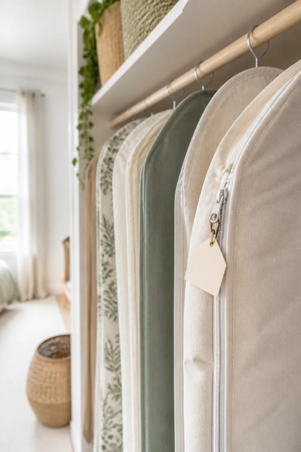 A small tag clipped to a garment bag's zipper pull, readable while several bags hang close together on a rod.