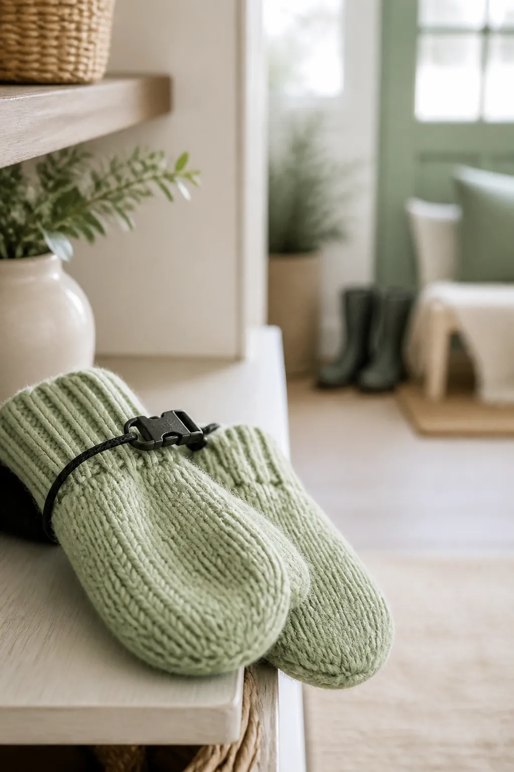 A pair of mittens clipped together at the cuffs by a small mitten clip and cord on a shelf.