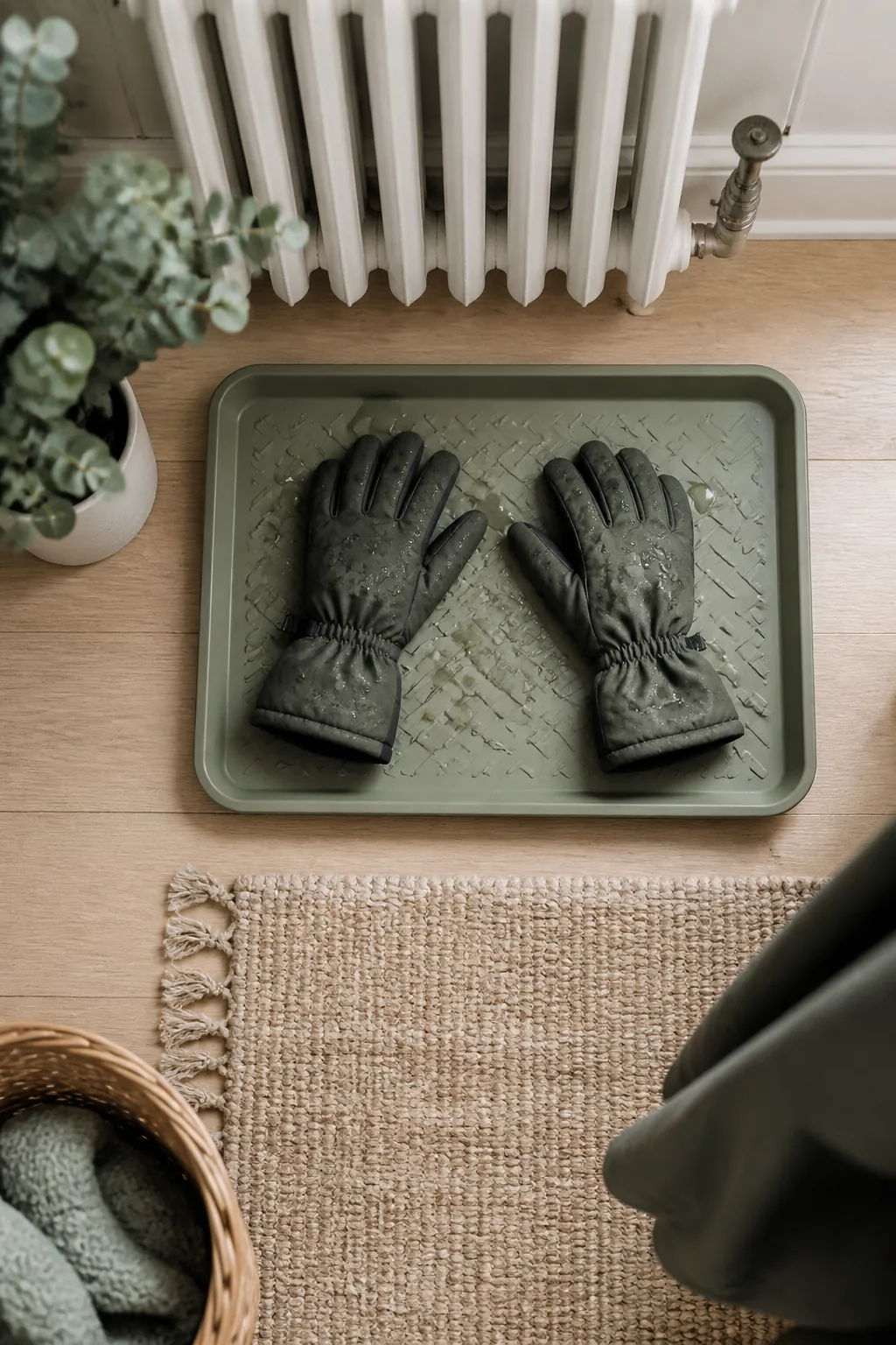 A pair of wet gloves laid open-side down on a boot tray a few inches from a radiator.