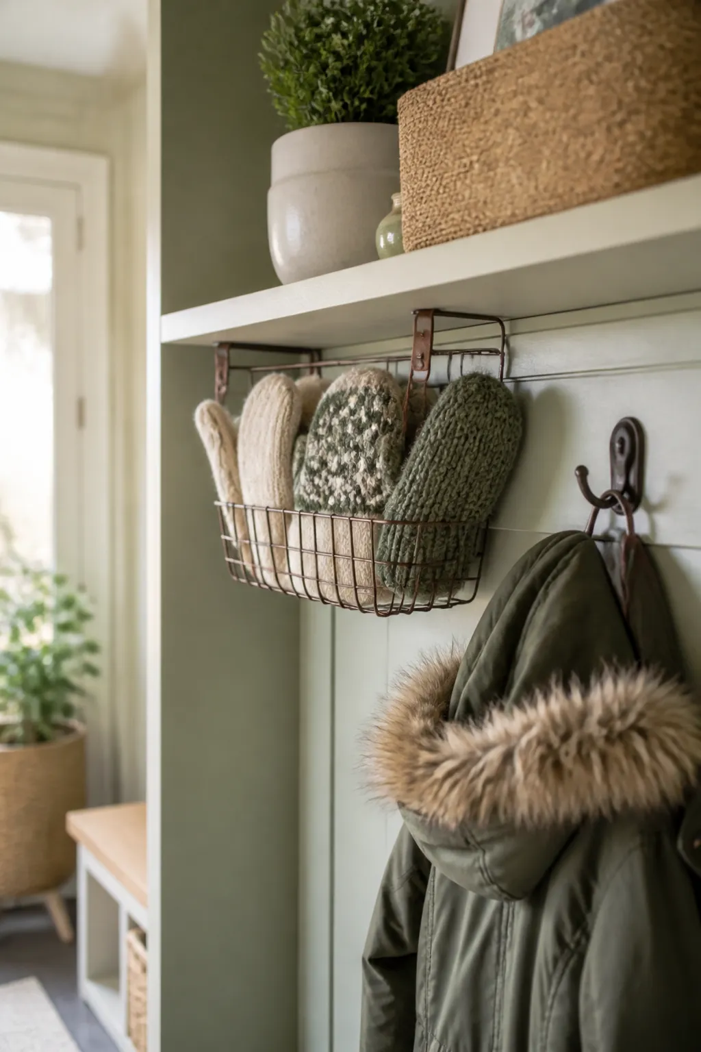 An under-shelf hanging basket mounted low beneath a shelf, holding several paired mittens.