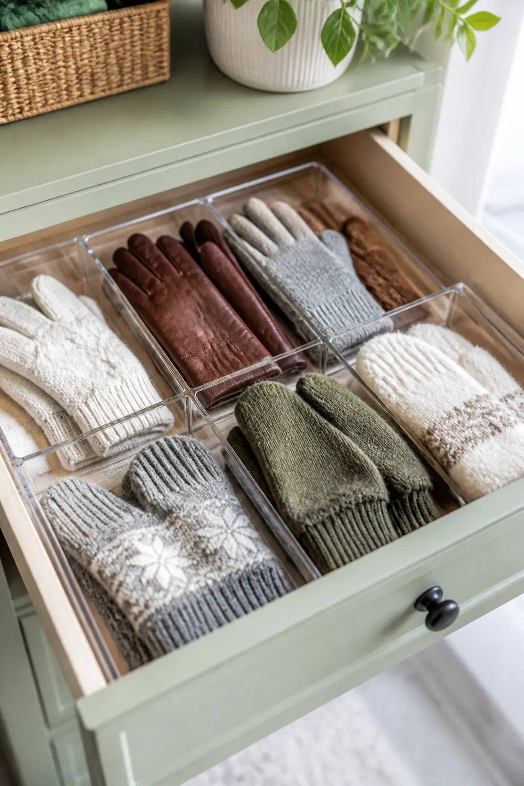 An open shallow drawer with a clear organizer inside, gloves and mittens grouped into separate sections.