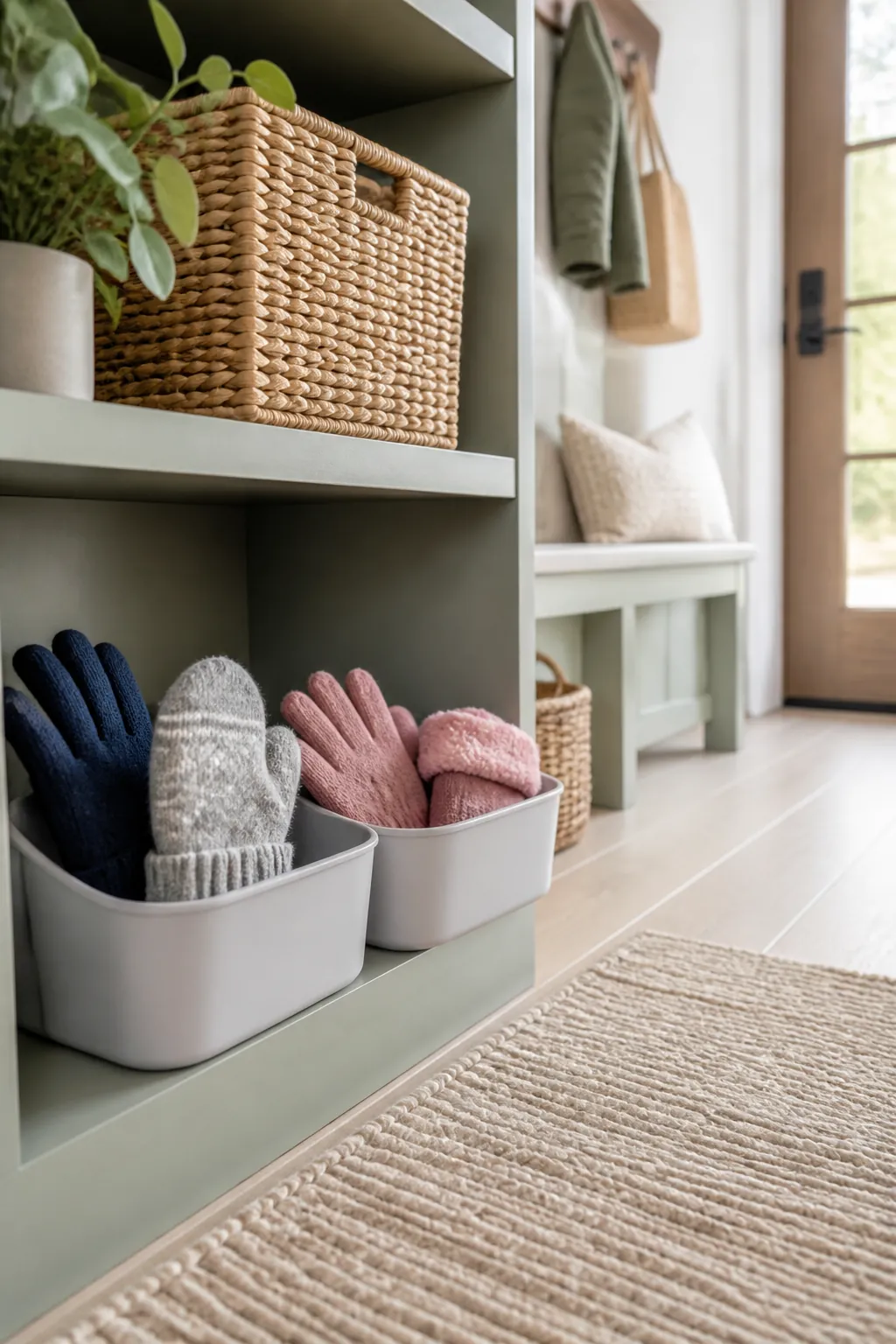 Two small labeled bins on a shelf, each holding one child's paired gloves and mittens.