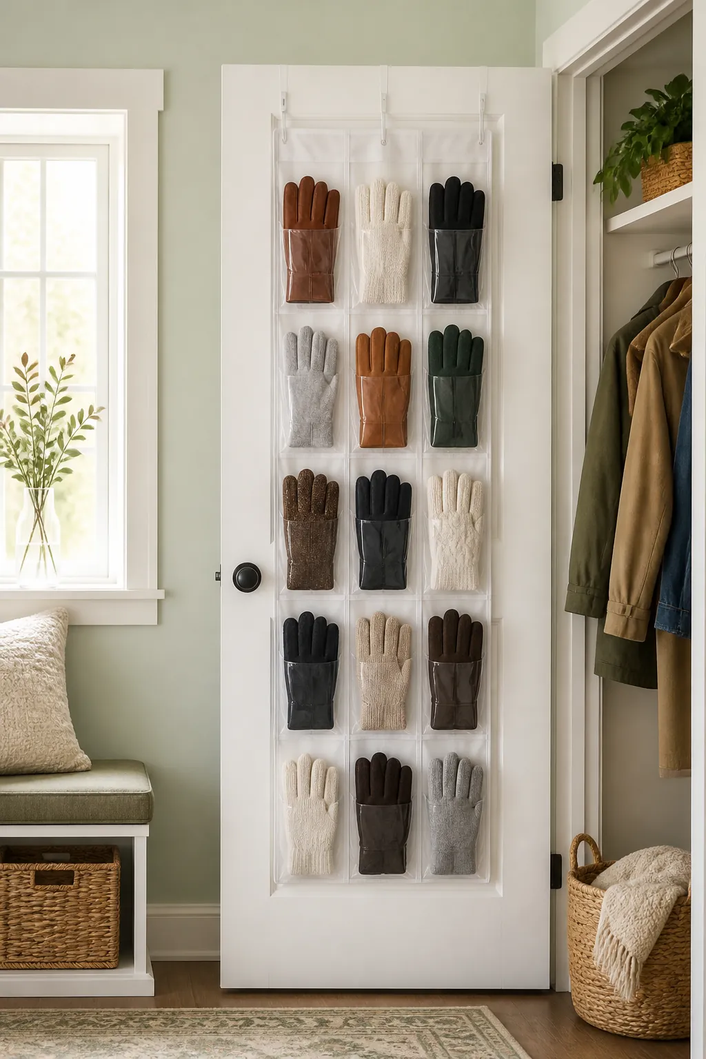 An over-the-door organizer with clear pockets on a closet door, each pocket holding a pair of gloves.