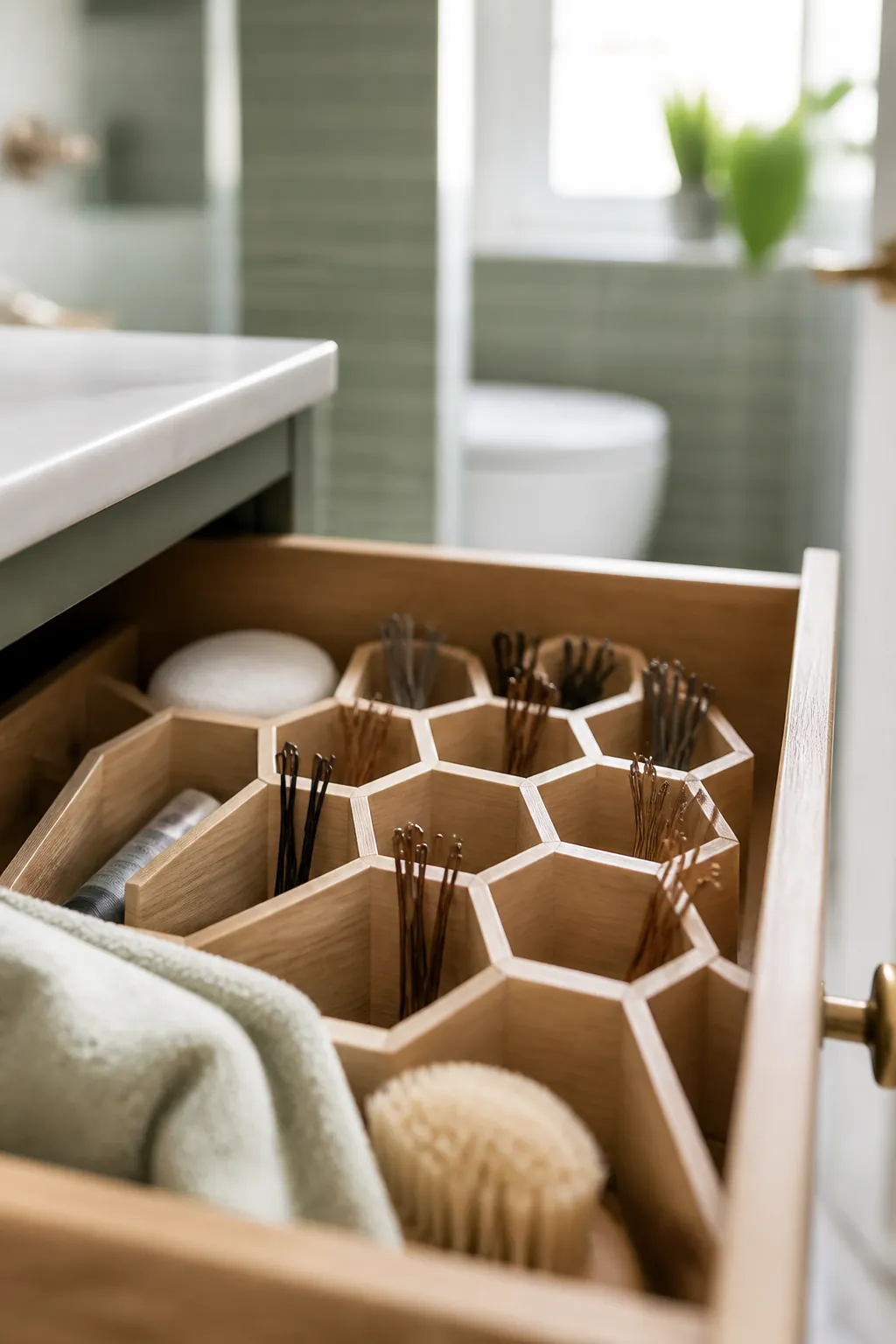Bobby pins standing upright inside small hexagonal cells of a honeycomb drawer divider.