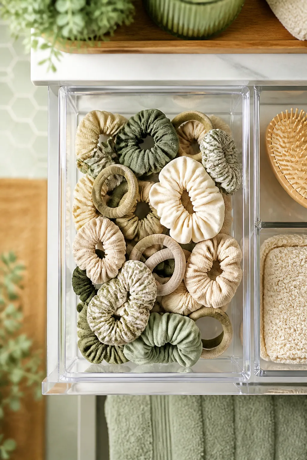 A loose pile of scrunchies and thick hair ties sitting inside one wide compartment of a clear tray.