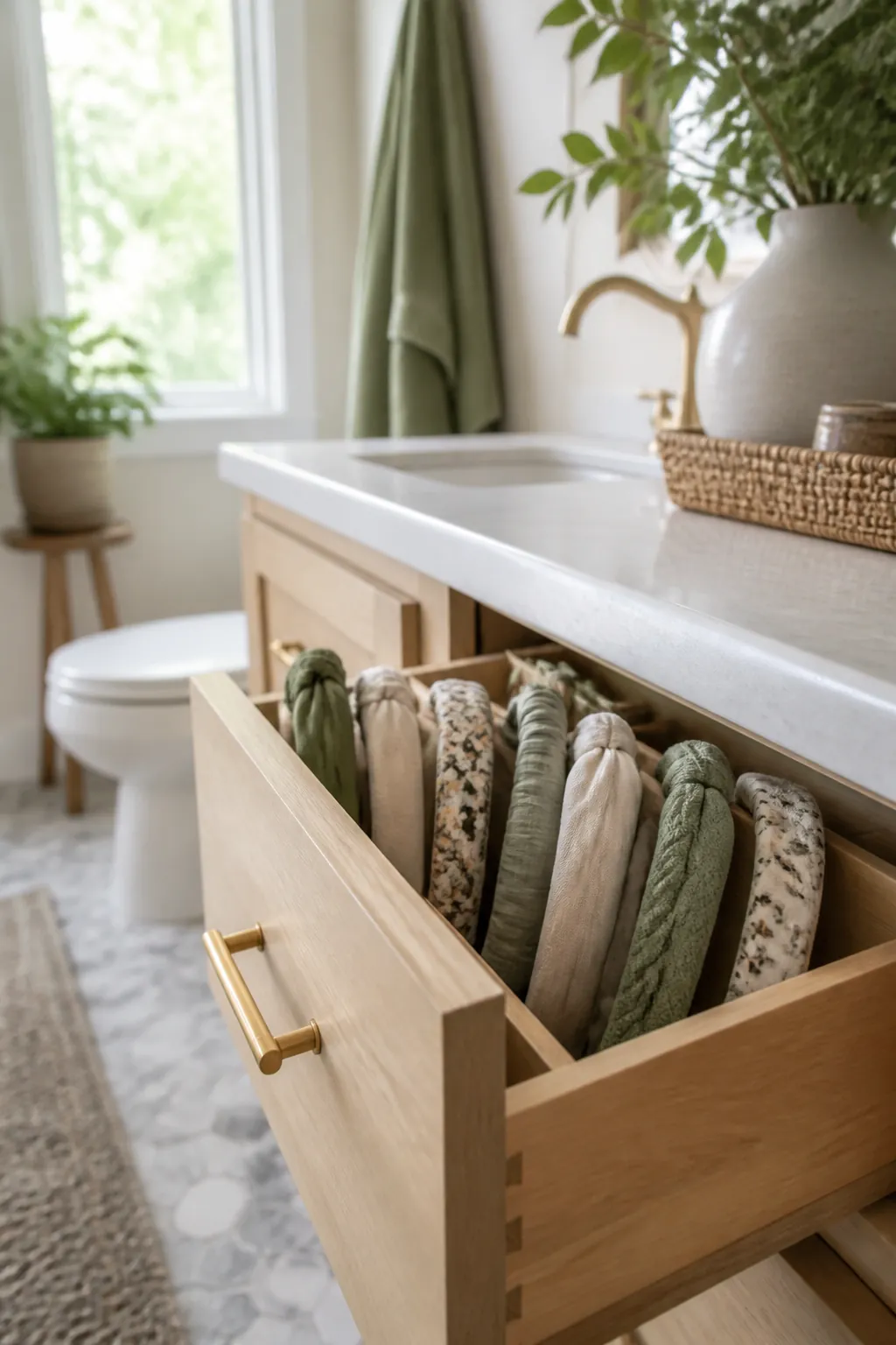 Fabric headbands standing upright side by side in a narrow drawer section like filed magazines.