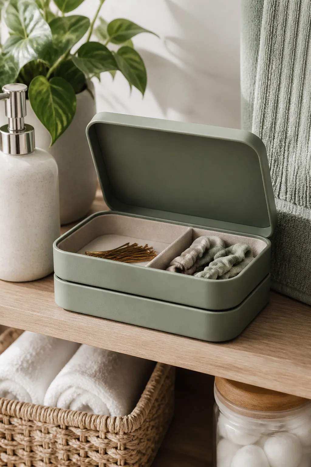 An open lidded jewelry tray with small compartments holding spare bobby pins and hair ties.