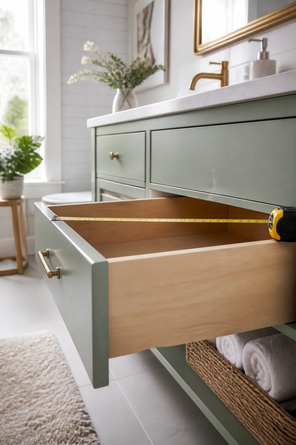 A tape measure stretched across the interior depth of an empty, open bathroom vanity drawer.