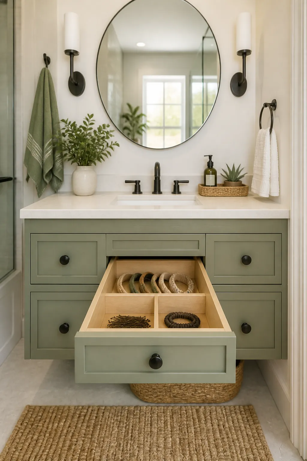 An open drawer with daily bobby pins in front and spare headbands pushed toward the back.