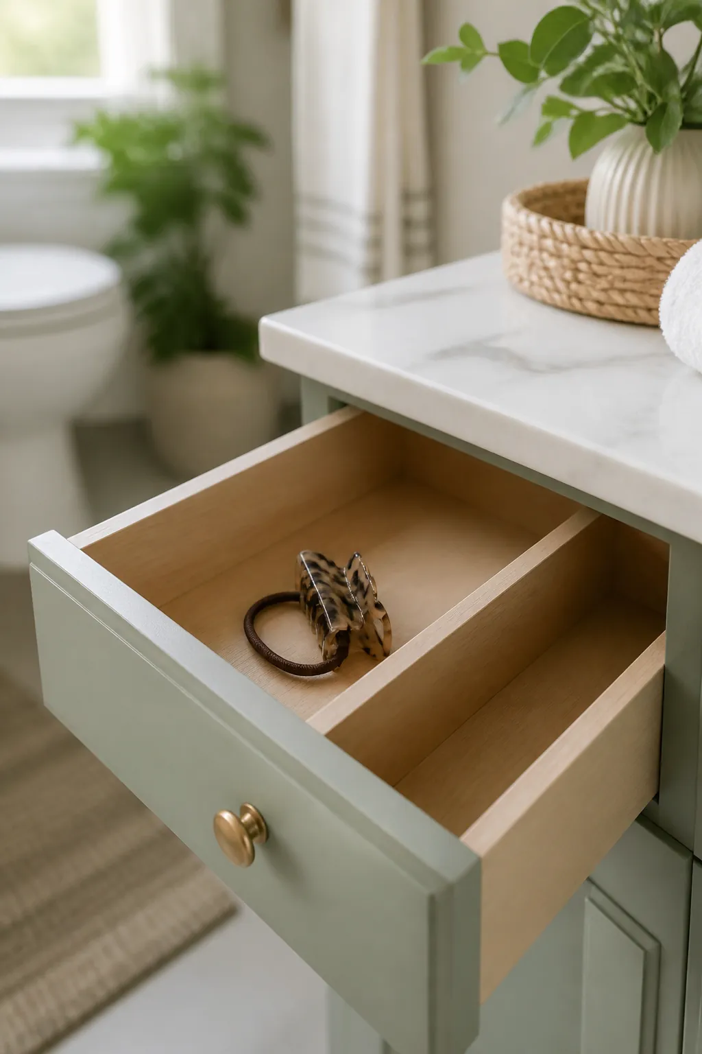 A claw clip's teeth snagging a loose hair tie inside a shared drawer compartment.