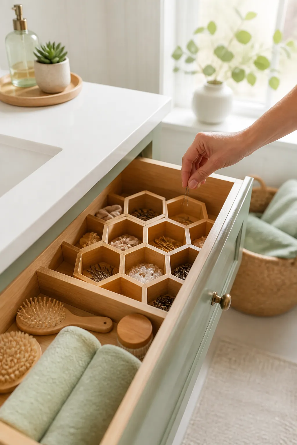 A hand placing a loose bobby pin back into its cell inside a tidy, organized bathroom drawer.