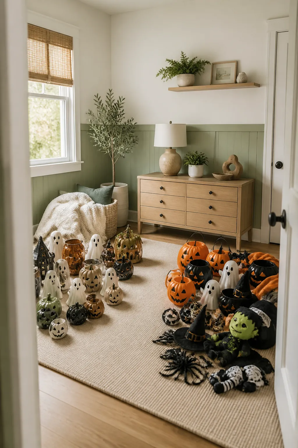 Halloween decorations sorted into two piles on the floor, ceramic and glass separated from plastic and fabric pieces.