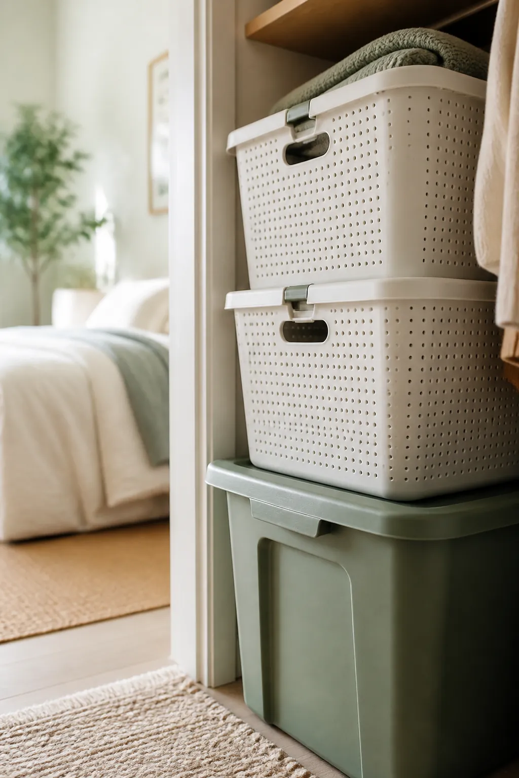 A stack of storage bins in a closet, a rigid bin on the bottom and lighter bins stacked above it.
