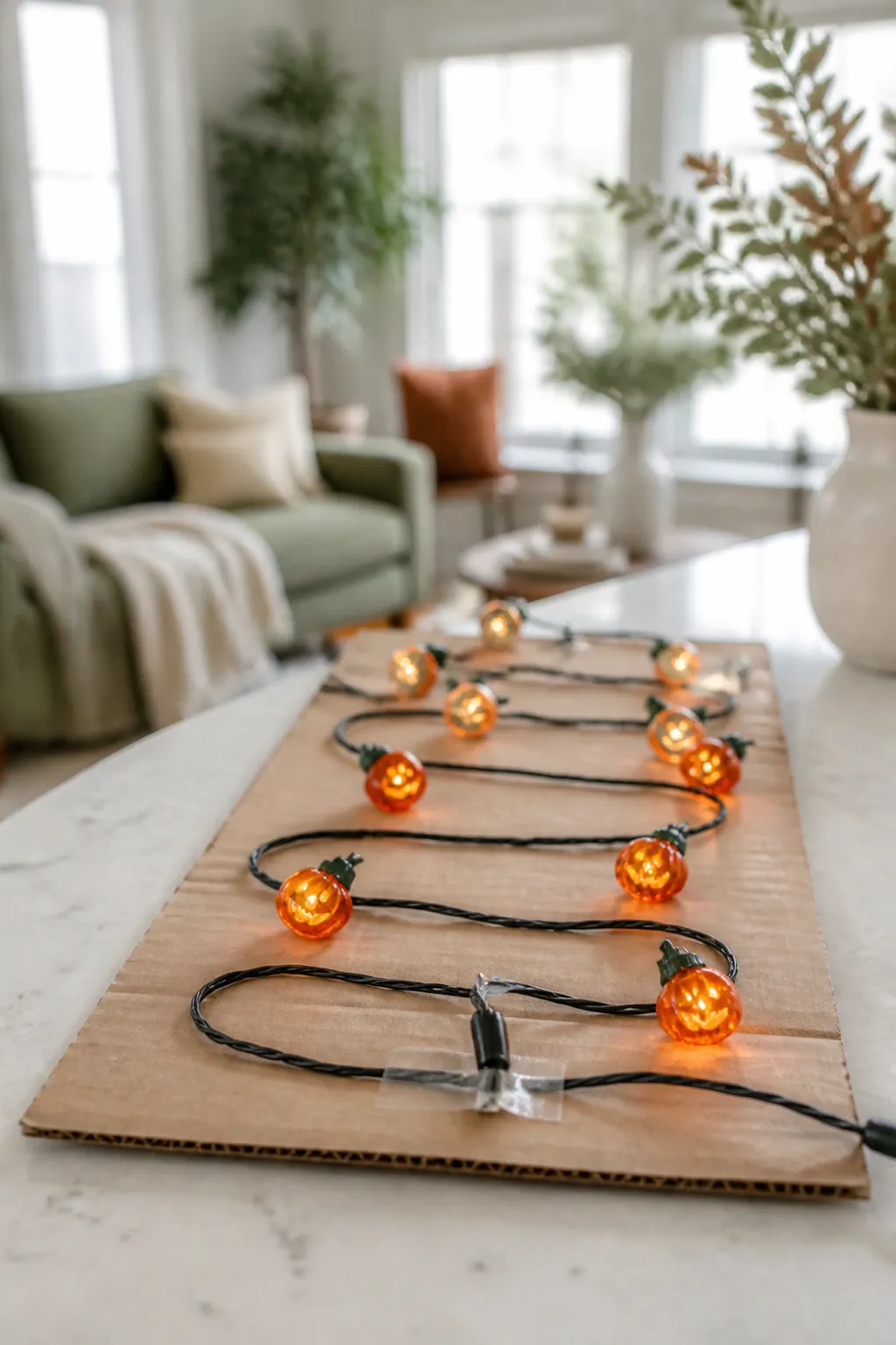 A string of lights wrapped around a flattened cardboard rectangle with the end taped in place.