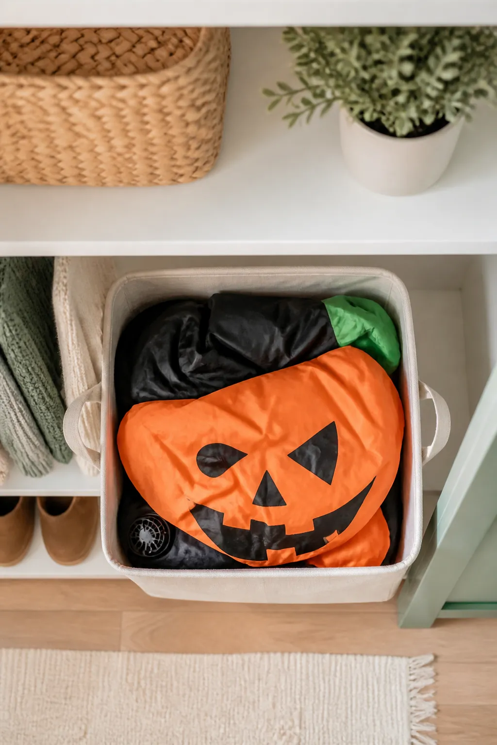 A folded inflatable Halloween prop packed inside an open fabric storage bin with carrying handles on a closet shelf.
