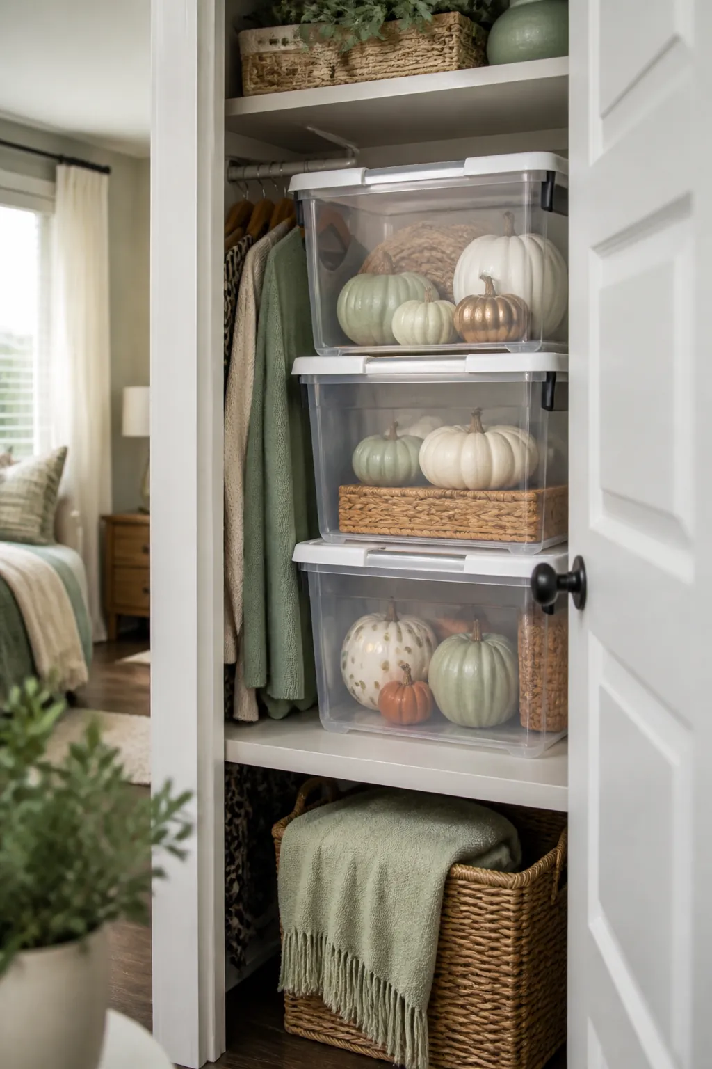 Three clear stackable storage bins on a shelf, ceramic pumpkins and props visible through the plastic sides.