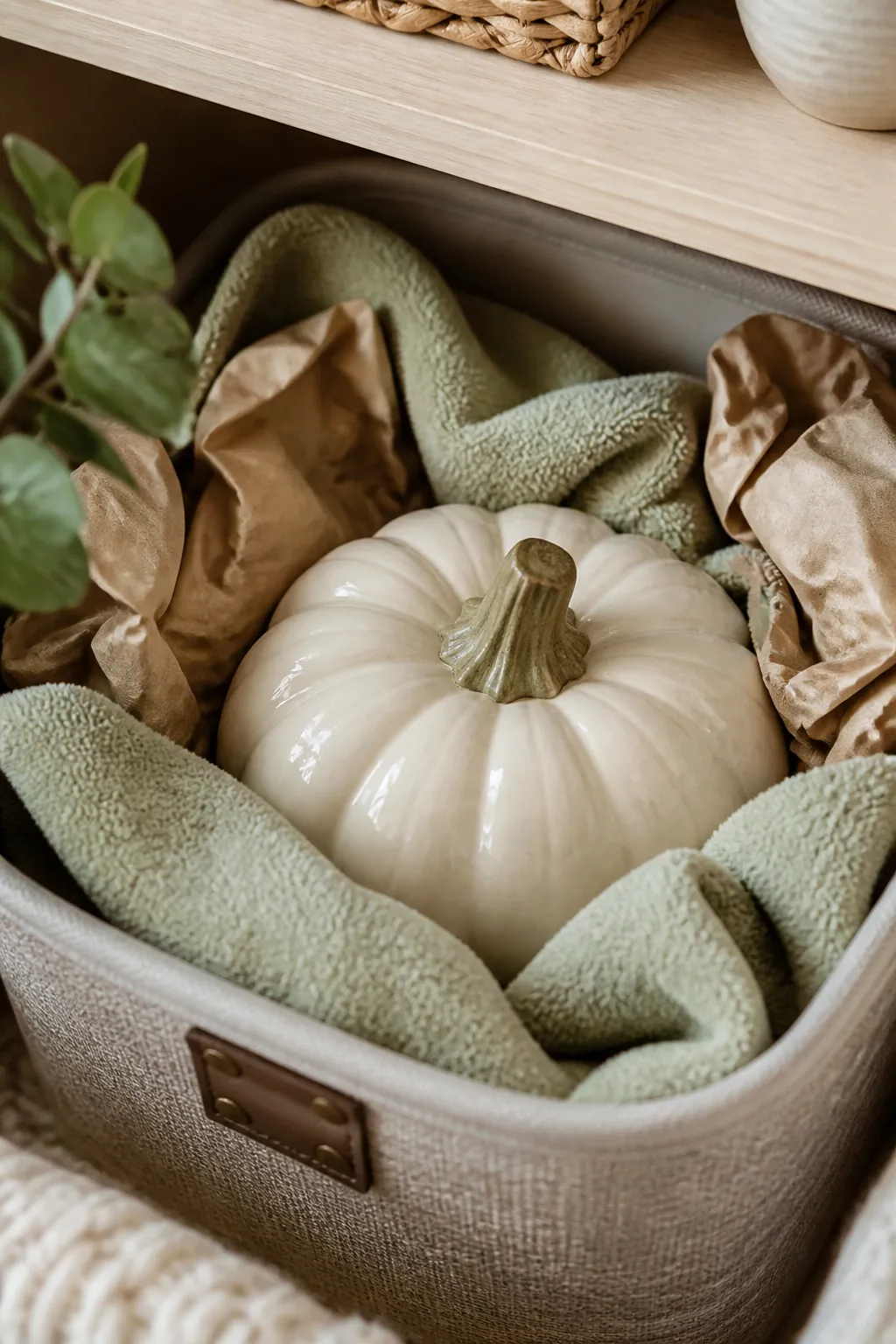 A ceramic pumpkin figure cushioned by a folded towel and crumpled paper inside an open storage bin.