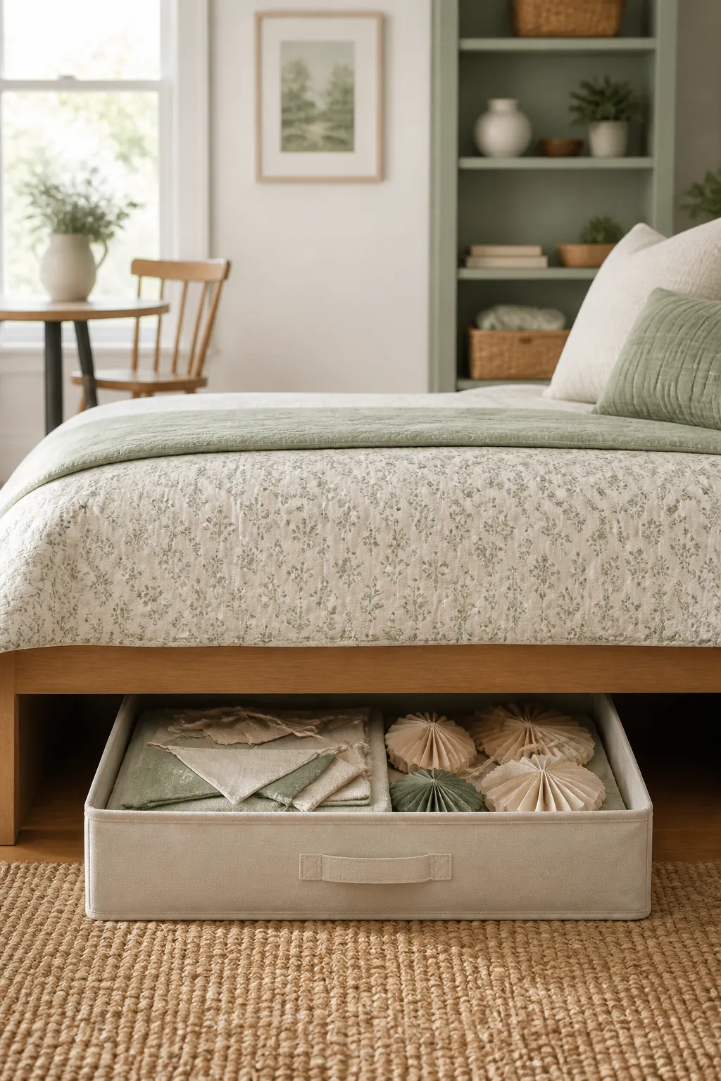 A low under-bed storage bin pulled halfway out, holding folded fabric bunting and paper garland.