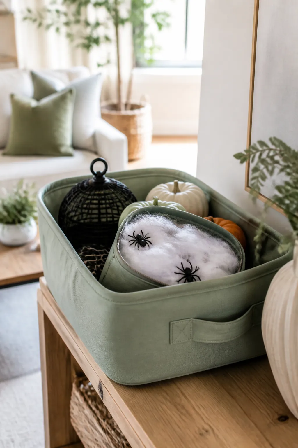 Stretchy spiderweb decoration material sealed inside its own zippered pouch, set inside a larger storage bin.
