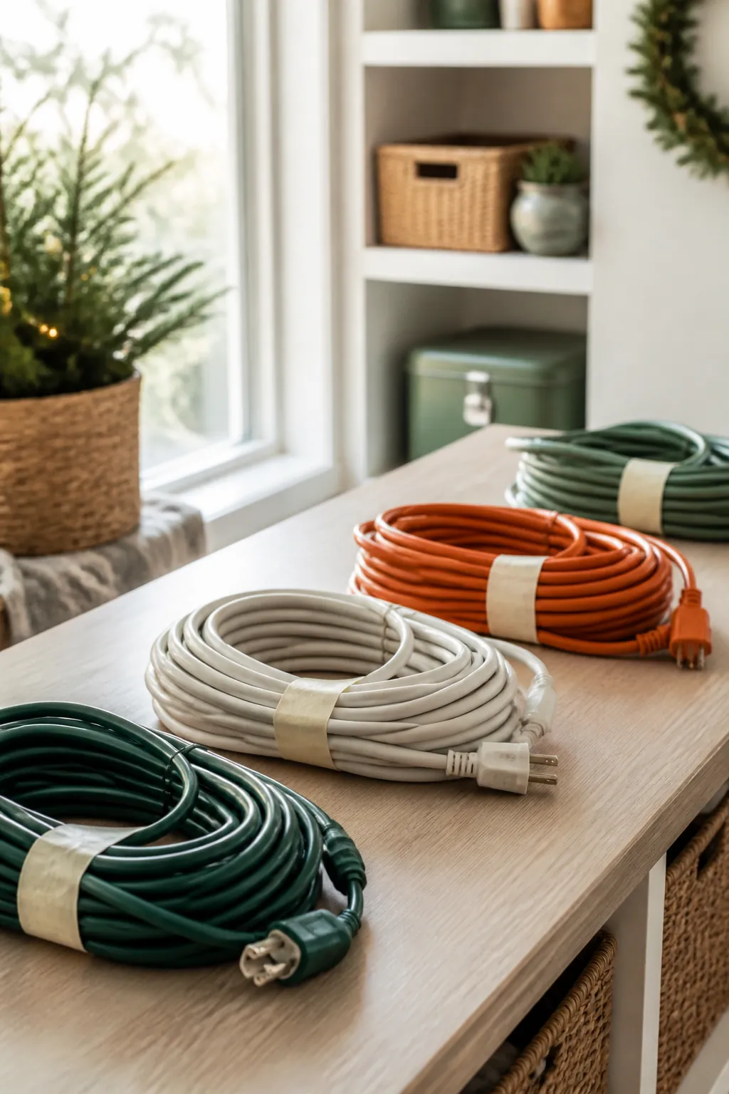 Coiled extension cords labeled with masking tape tags reading indoor or outdoor before storage.