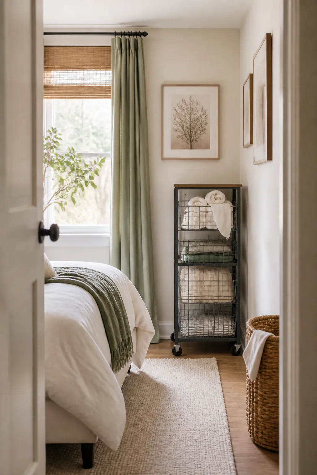 Slim rolling laundry cart with straight sides sitting flush in a bedroom corner, wheels visible beneath it.