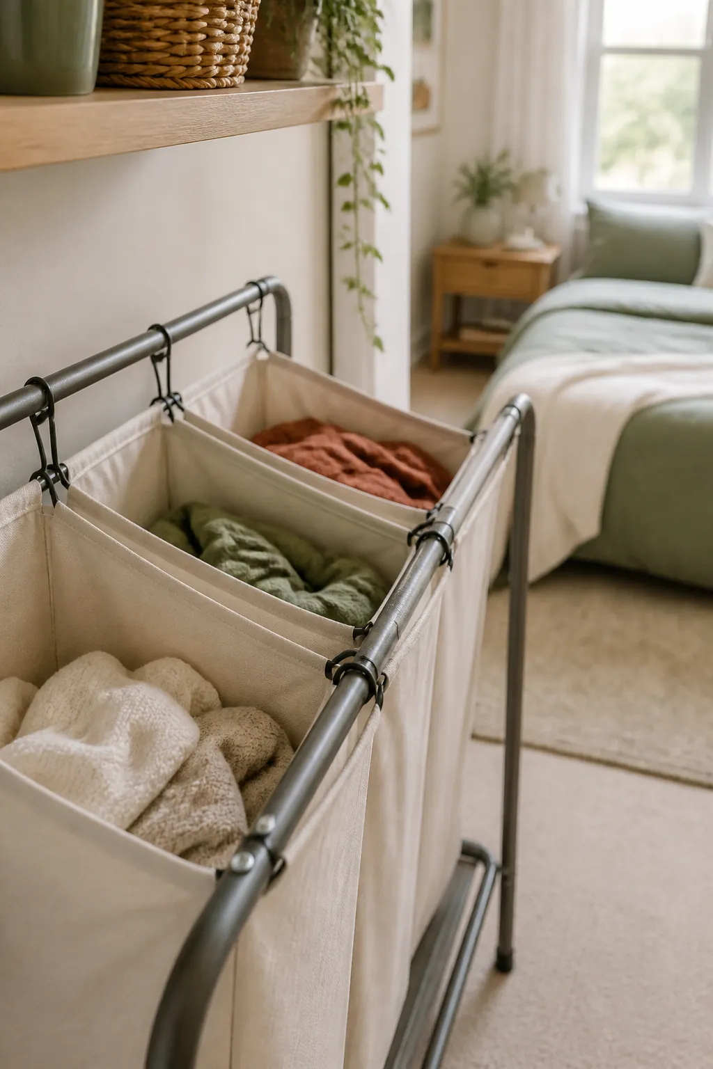 Three-section laundry sorter with separate hanging fabric bags, each holding a different color of clothing, standing in a bedroom corner.
