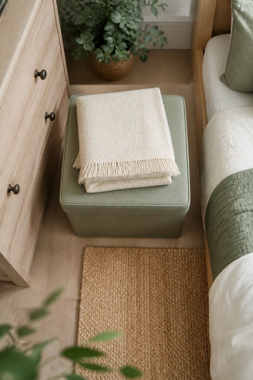 Fabric storage cube with a closed flip-top lid, doubling as a low seat beside a bedroom dresser.