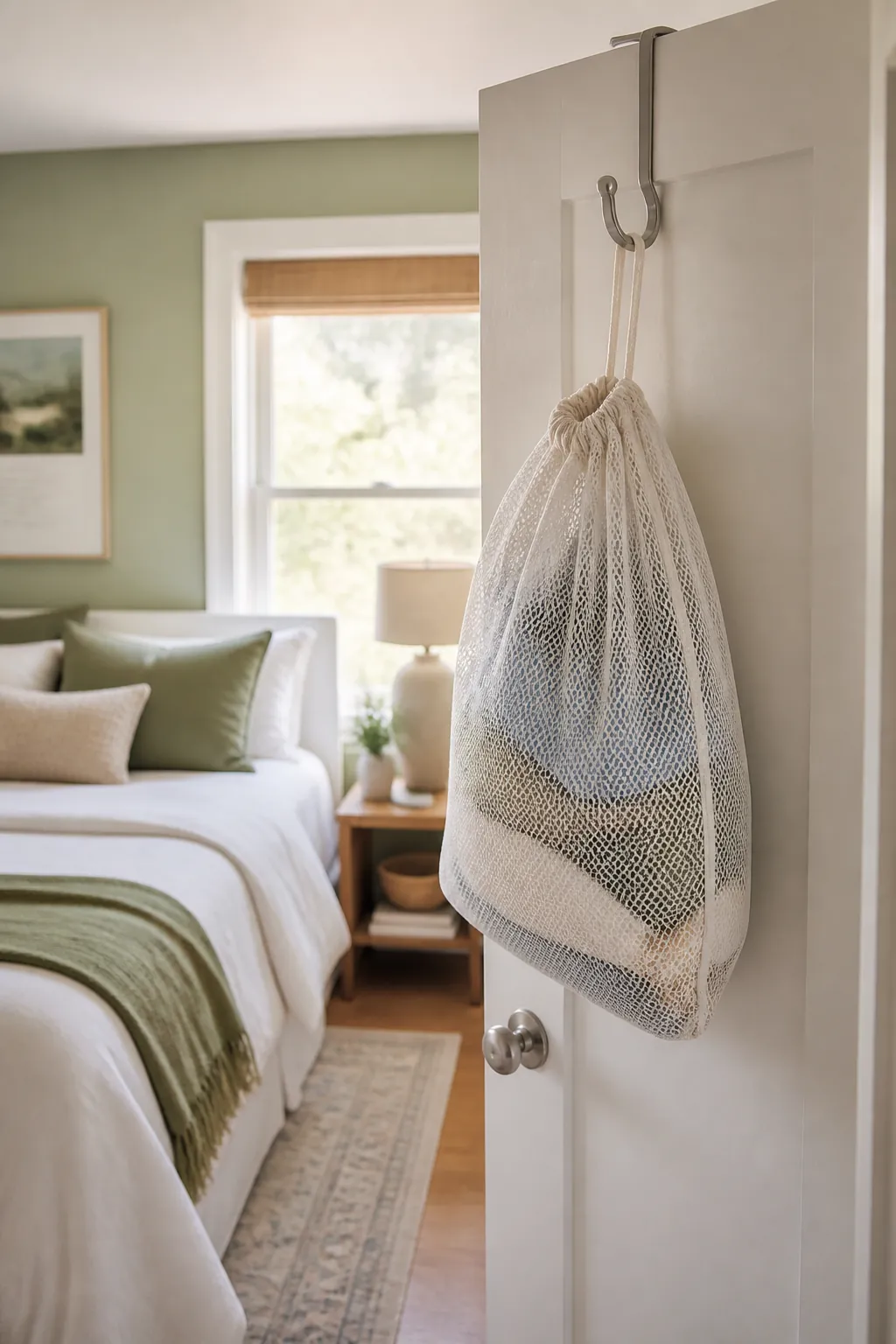 Mesh laundry bag with folded clothes visible inside, hanging from a metal hook over the top of a bedroom door.