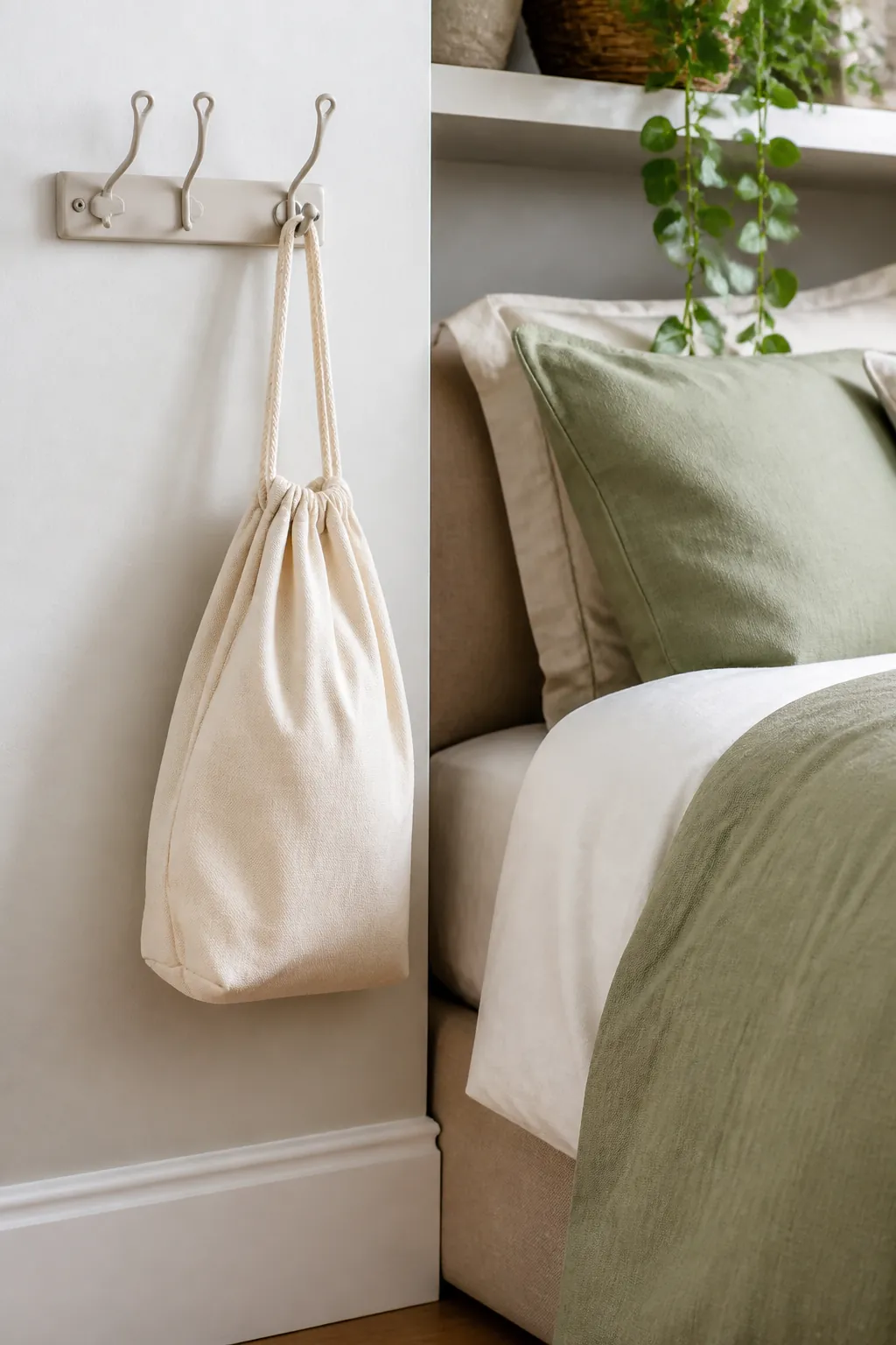 Wall-mounted hook rack holding a canvas drawstring bag by its grommet, fixed to a bare bedroom wall.
