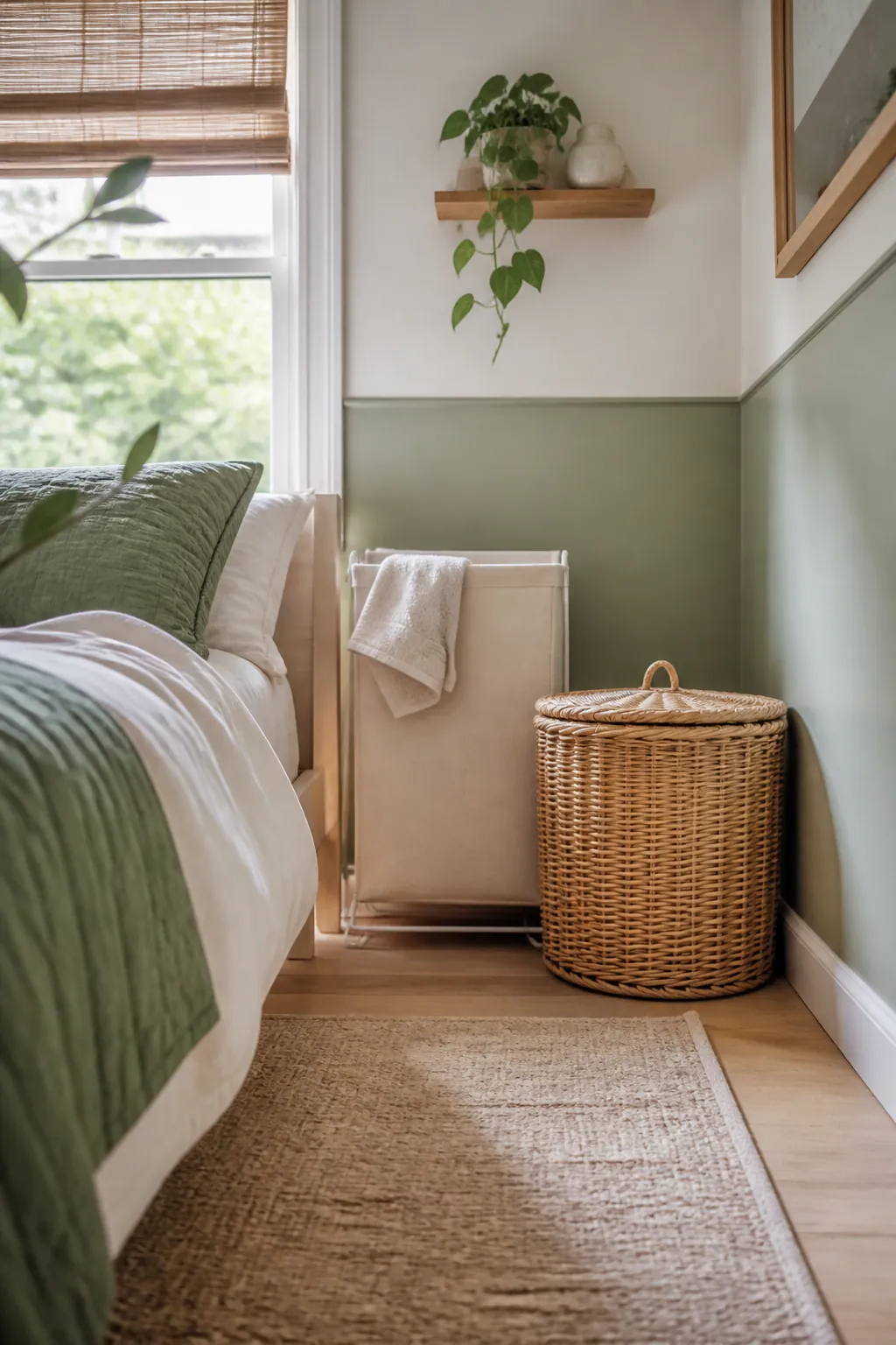 Canvas hamper with a flat back and straight sides standing in a corner next to a round wicker hamper.