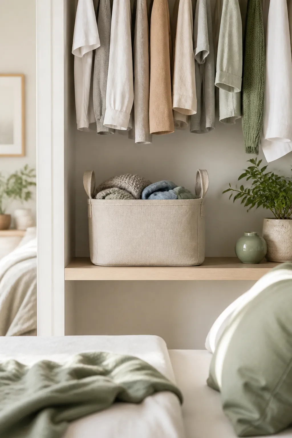 Open fabric bin with side handles sitting on a closet shelf, a few worn clothes tossed loosely inside.