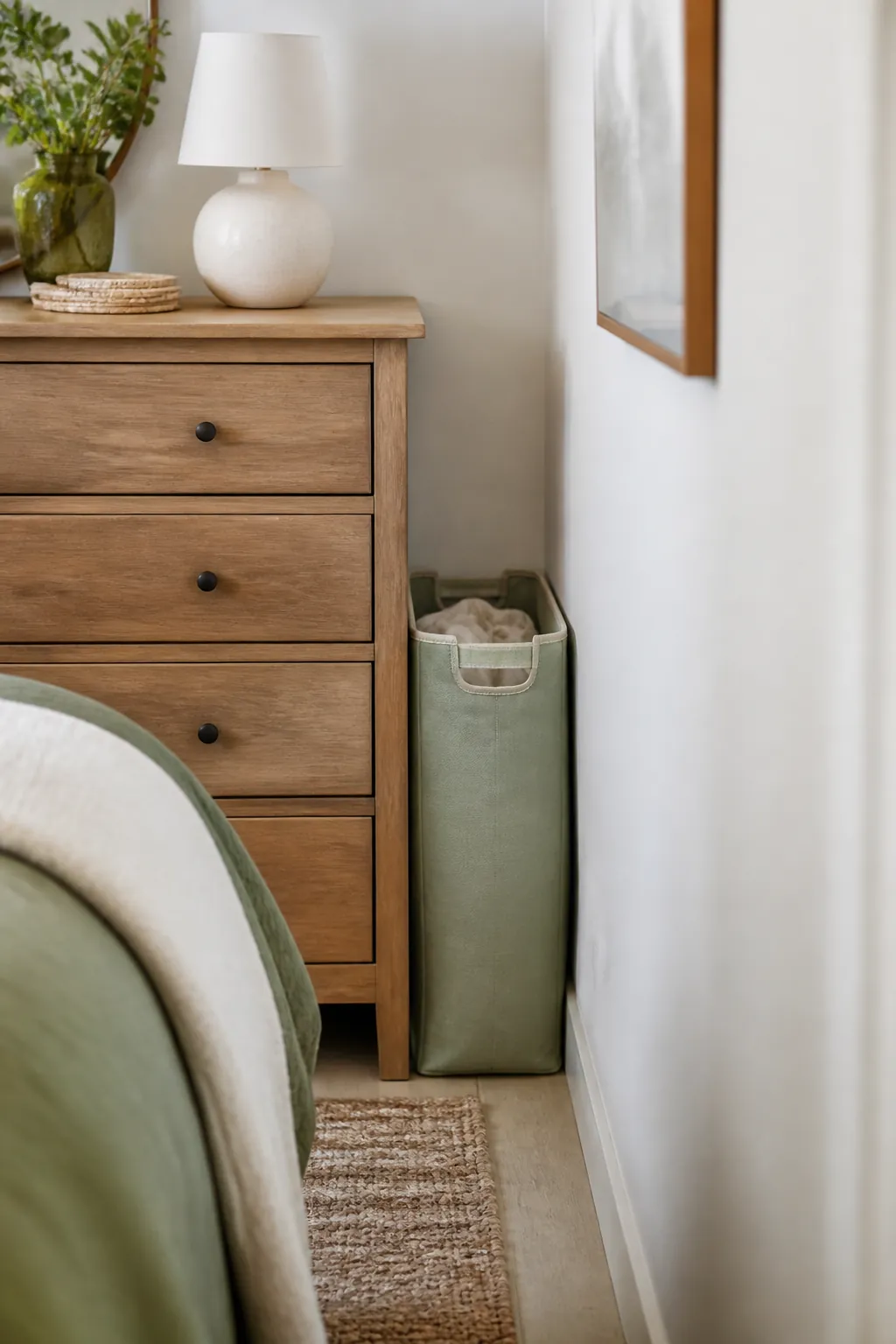 Slim fabric laundry bag fitted into a narrow gap between a bedroom dresser and the wall.