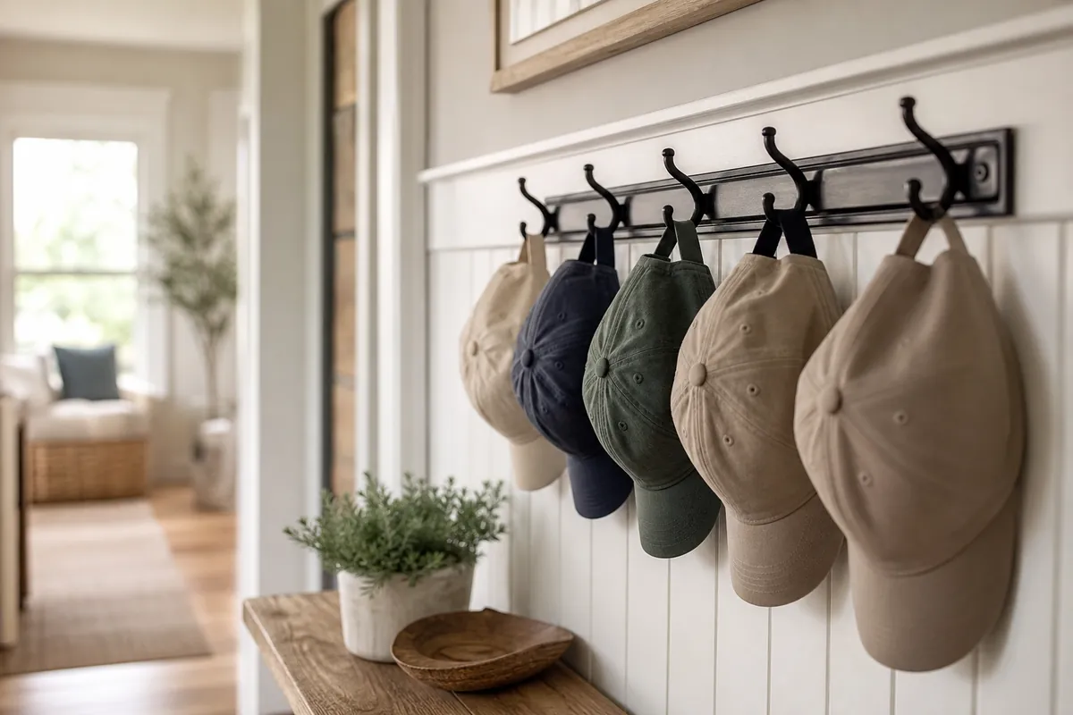Baseball caps hanging by their back straps from a wall hook rail in a narrow hallway