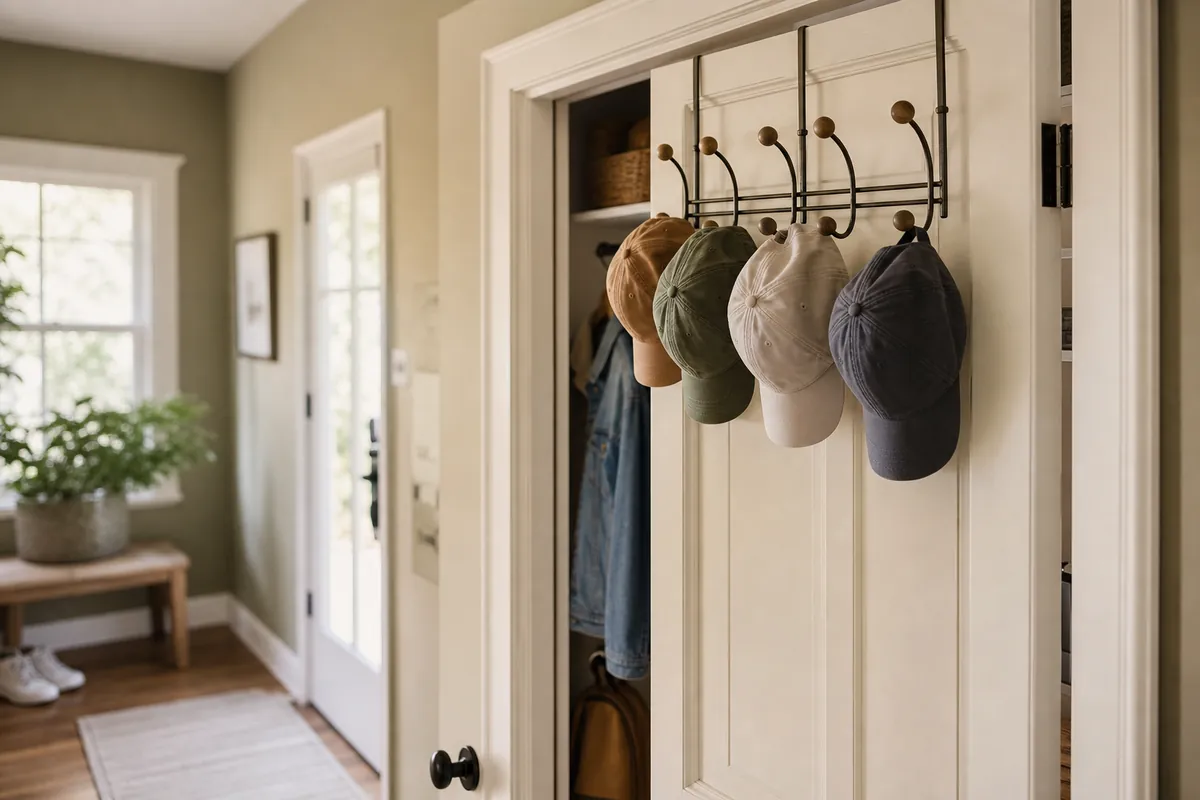 An over the door hook hanger on the inside of a closet door holding several caps
