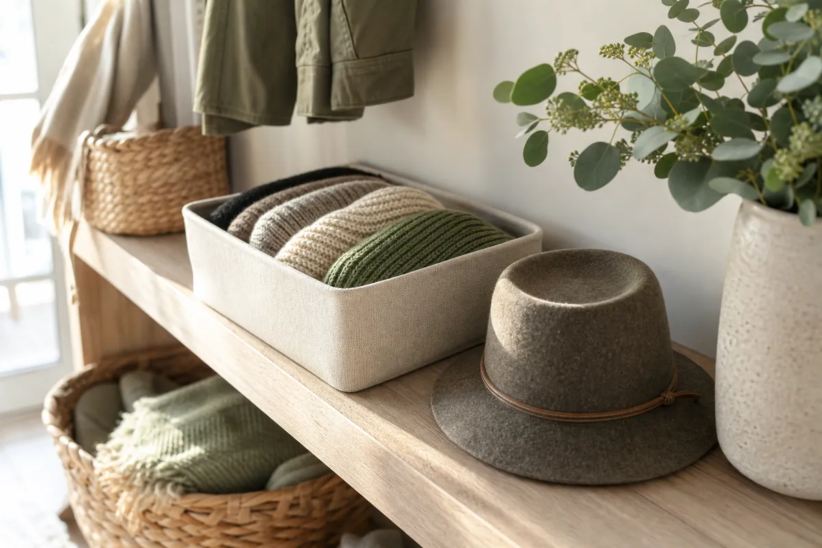 A shallow fabric bin of knit hats folded flat, with a felt hat resting upside down on its crown beside it