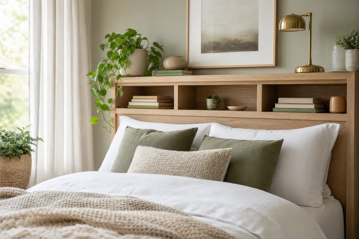Light oak bookcase headboard storage in a small bedroom with shelves holding paperbacks, a brass lamp and a trailing plant