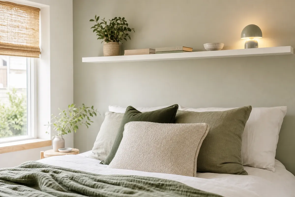 Long white floating shelf above a bed acting as headboard storage in a small bedroom with books, a dish and a small lamp