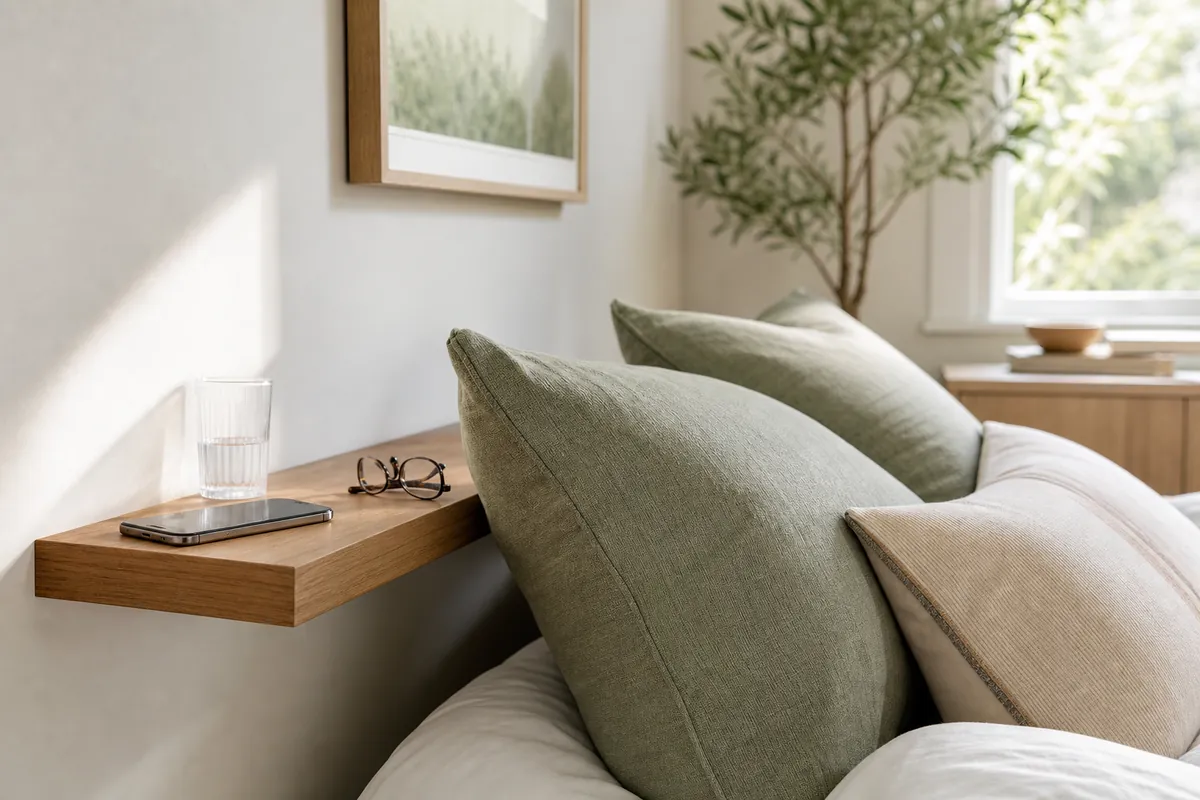 Narrow wooden ledge shelf beside pillows serving as headboard storage in a small bedroom corner with glass and glasses