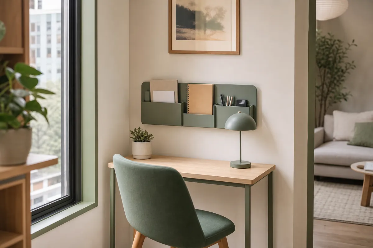 A wall-mounted desk organizer above a compact desk holding post, a notebook and pens, keeping the desk surface clear in a small apartment