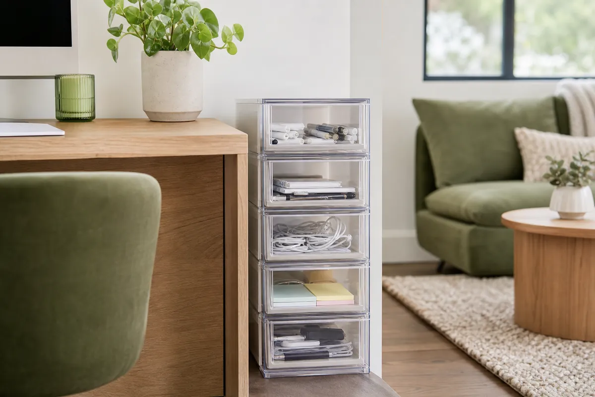 Small clear stackable drawers beside a desk holding pens, cables and sticky notes, contents visible without opening them