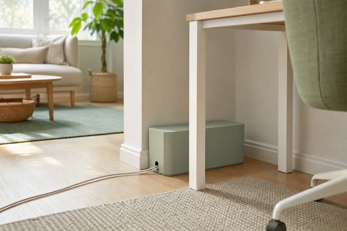 A cable management box on the floor beside a desk concealing a power strip, with only two cables visible entering it