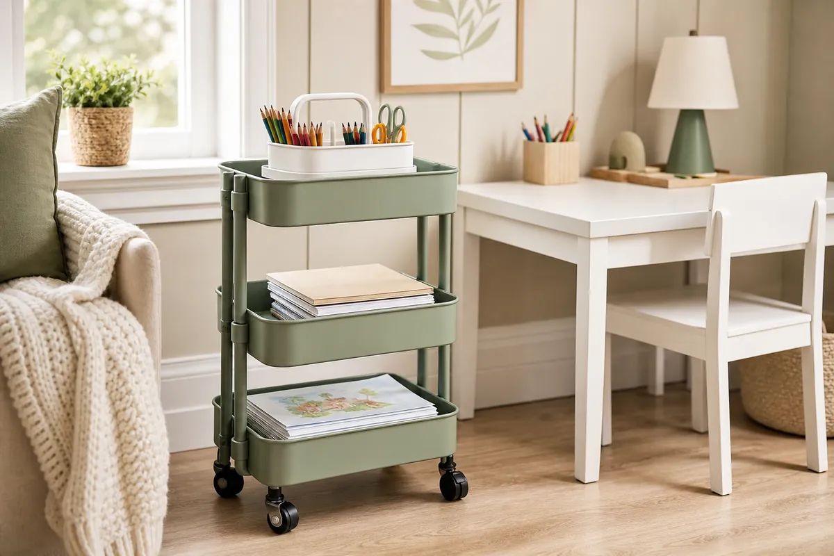 Three-tier rolling cart homework station beside a small kids desk with a handled supply caddy and stacked workbooks