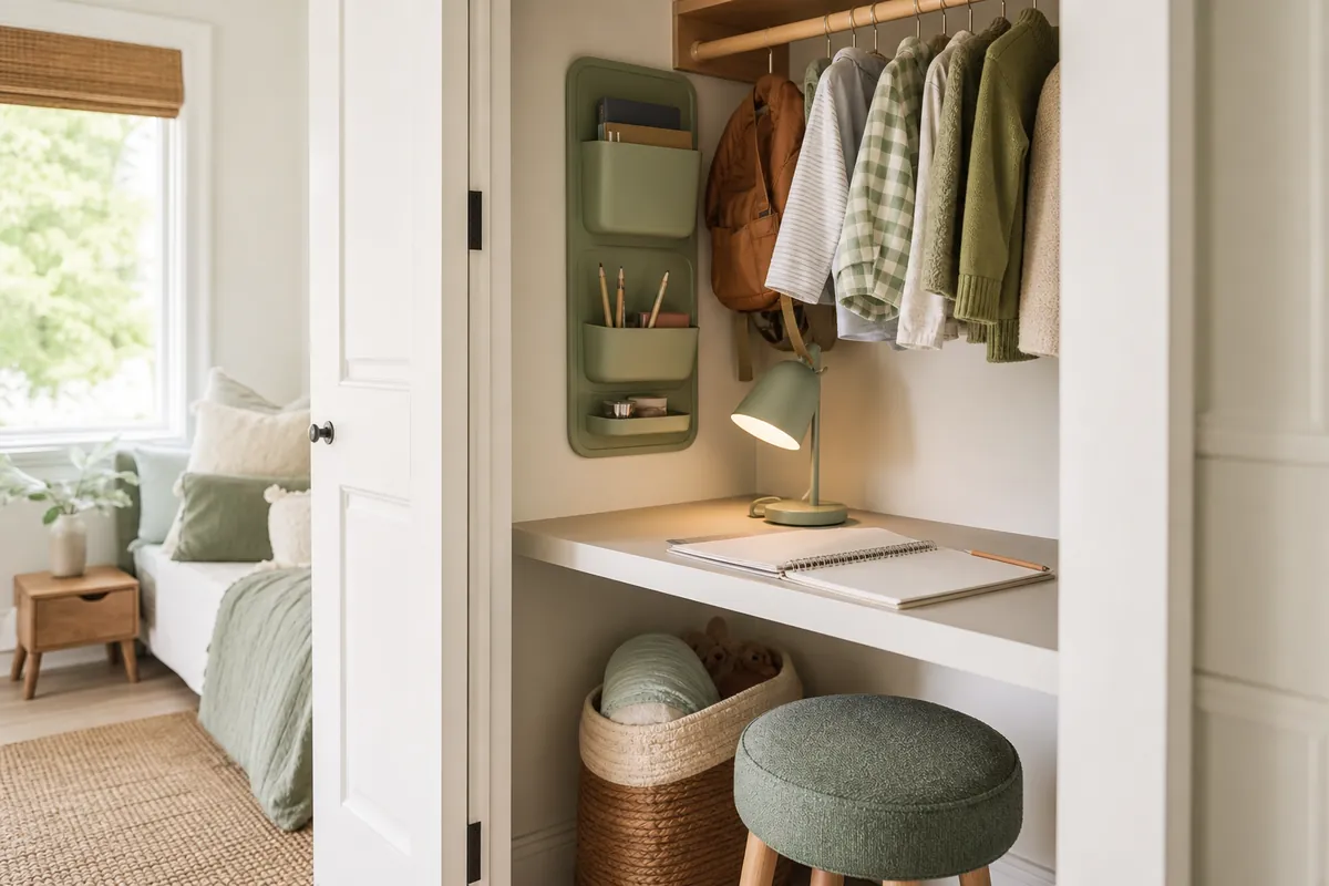 Closet converted into a homework station with a shelf at desk height, clip lamp and wall-mounted organizer inside