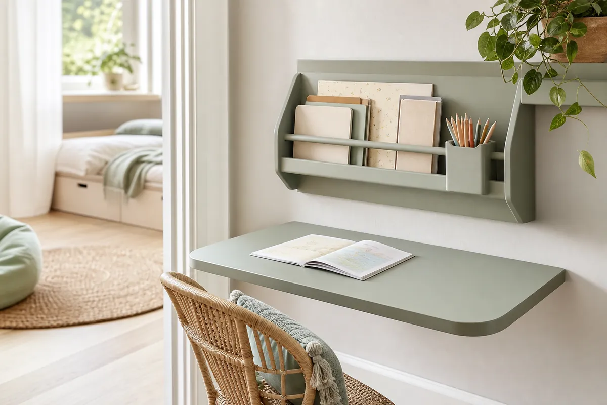 Wall-mount desk organizer with upright paper slots above a narrow floating desk in a small homework station setup