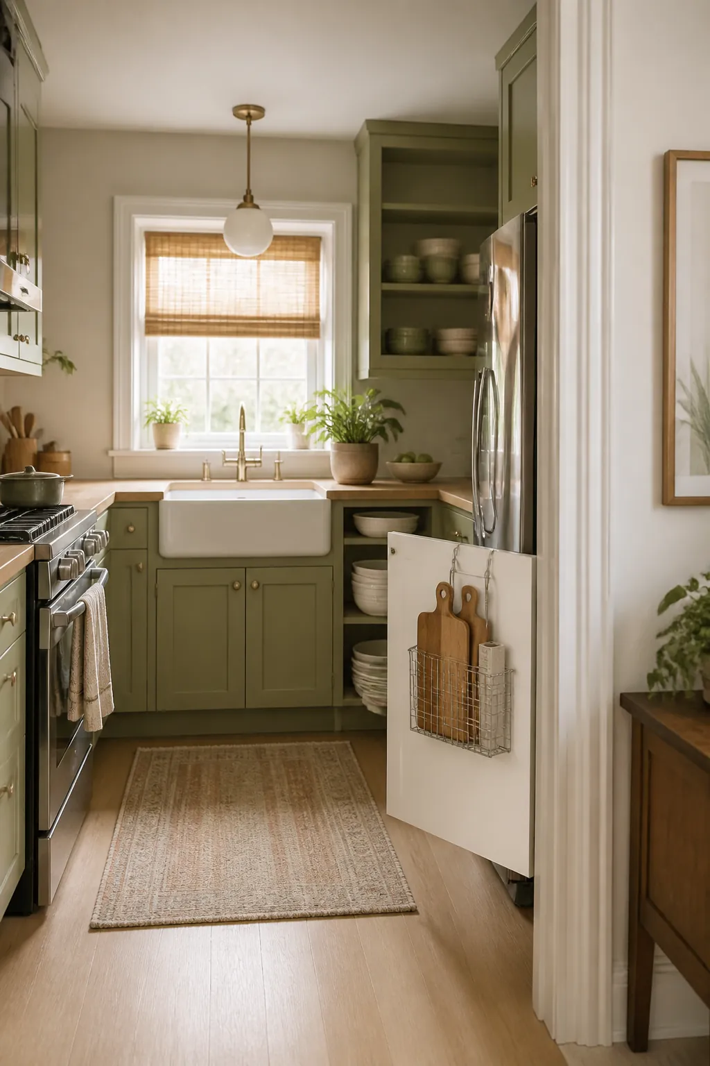A silver mesh basket hanging over the top edge of an open cabinet door, holding two cutting boards and a box of foil