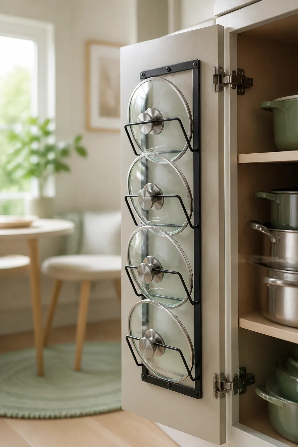 A black wire pot lid rack mounted inside a cabinet door holding four lids by their handles, pots on the shelf behind