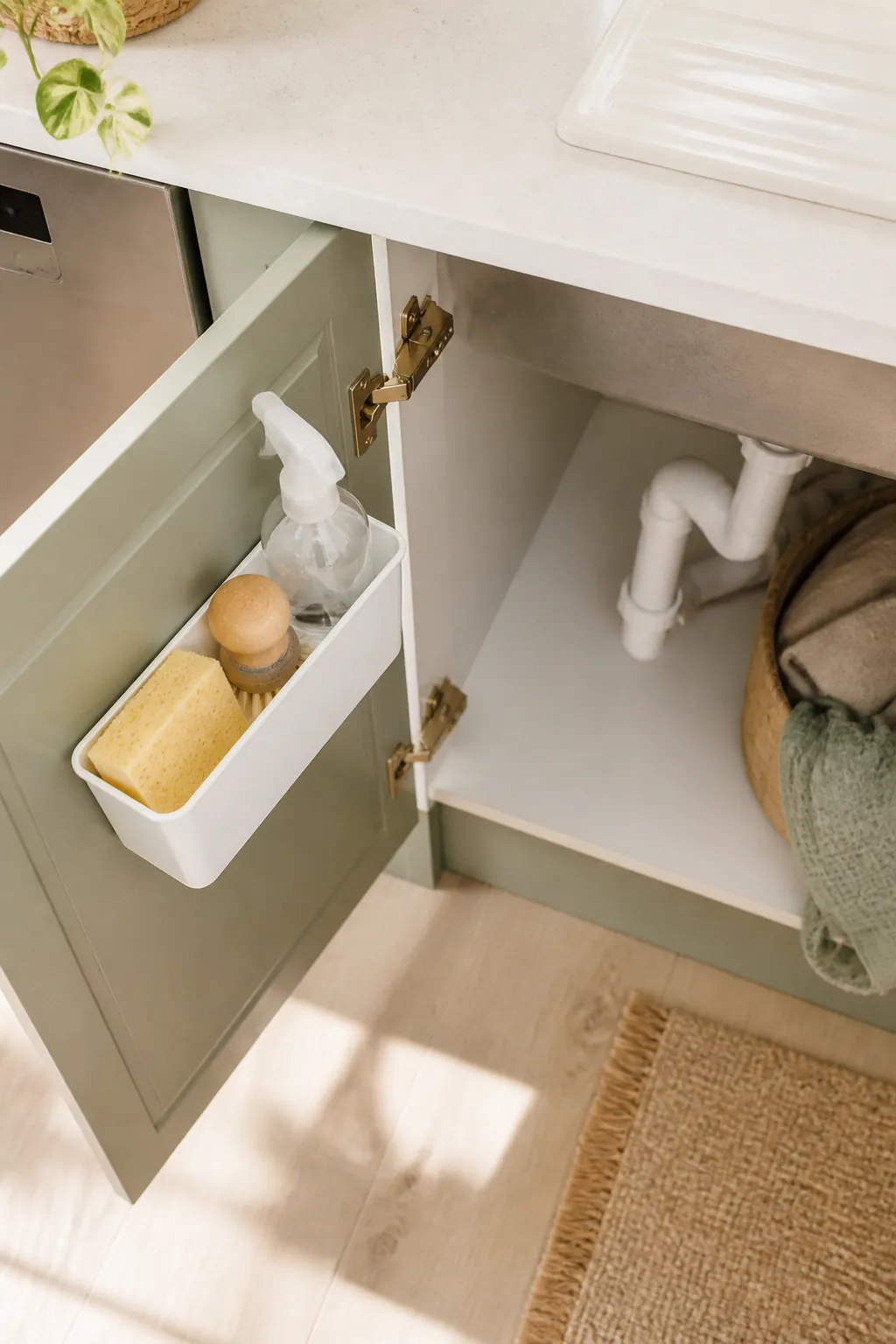 A white adhesive caddy mounted inside a cabinet door beneath a sink, holding a sponge, a brush and a small spray bottle