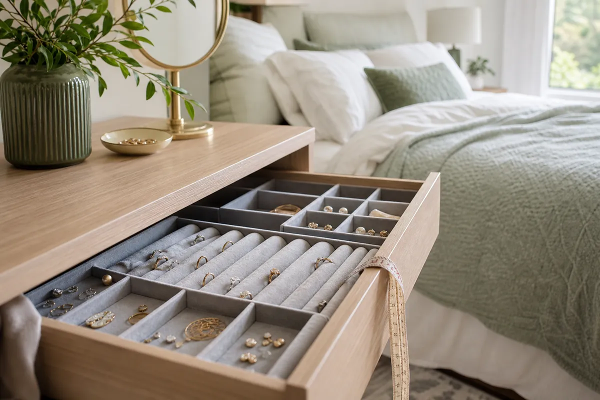 Open dresser drawer with grey velvet trays for jewelry organization, rings in slots and studs sorted, tape measure across the drawer edge