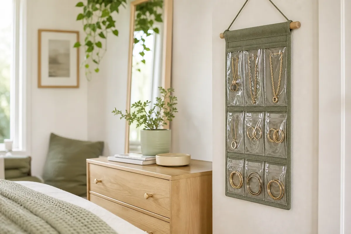 Wall-mounted clear pocket organizer beside a small dresser holding necklaces and hoops for visible jewelry organization in a bedroom
