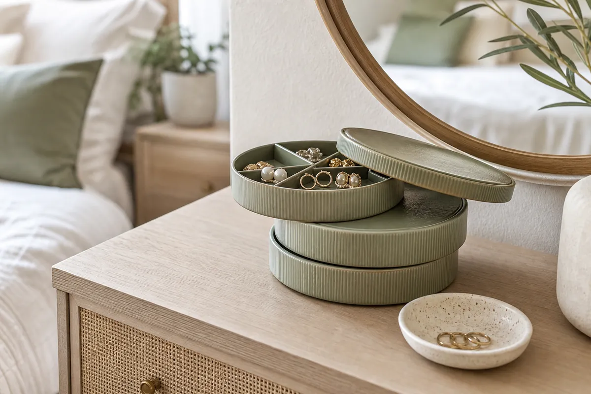 Stackable lidded trays and a single shallow dish on a dresser top showing closed jewelry organization storage beside a round mirror